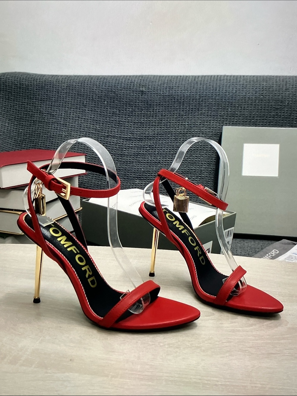 Tom Ford Red Leather Gold-Heel Ankle-Strap Sandals
